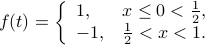  f(t) = left{   begin{array}{ll}       1, & x leq 0 < frac 1 2,       -1, & frac 1 2 < x < 1.    end{array}right. 