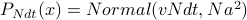 P_{N dt}(x) = Normal(v N dt, N a^2)